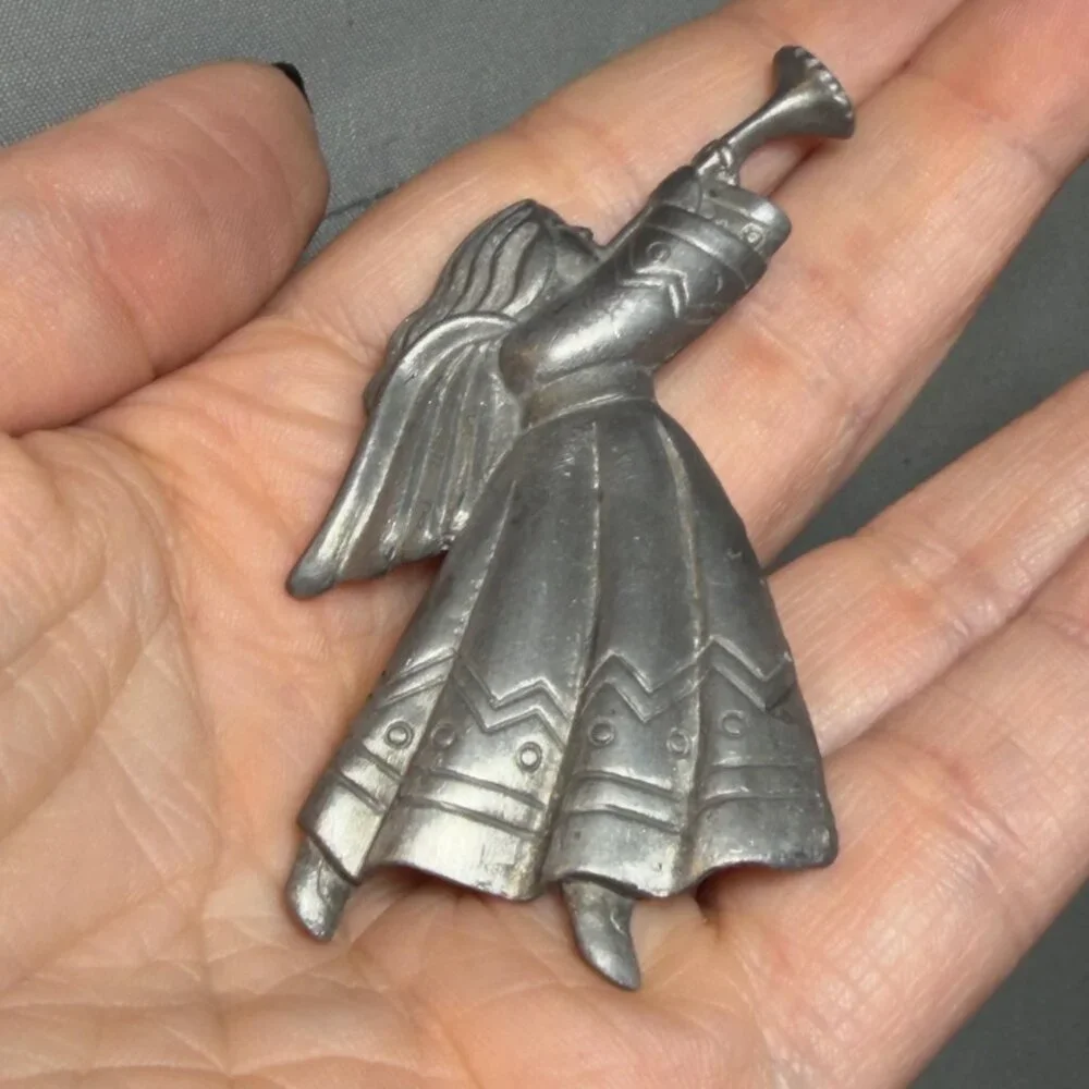 Angel Brooch Silver Tone Guardian Angel Figural Pin Vintage Style 3”